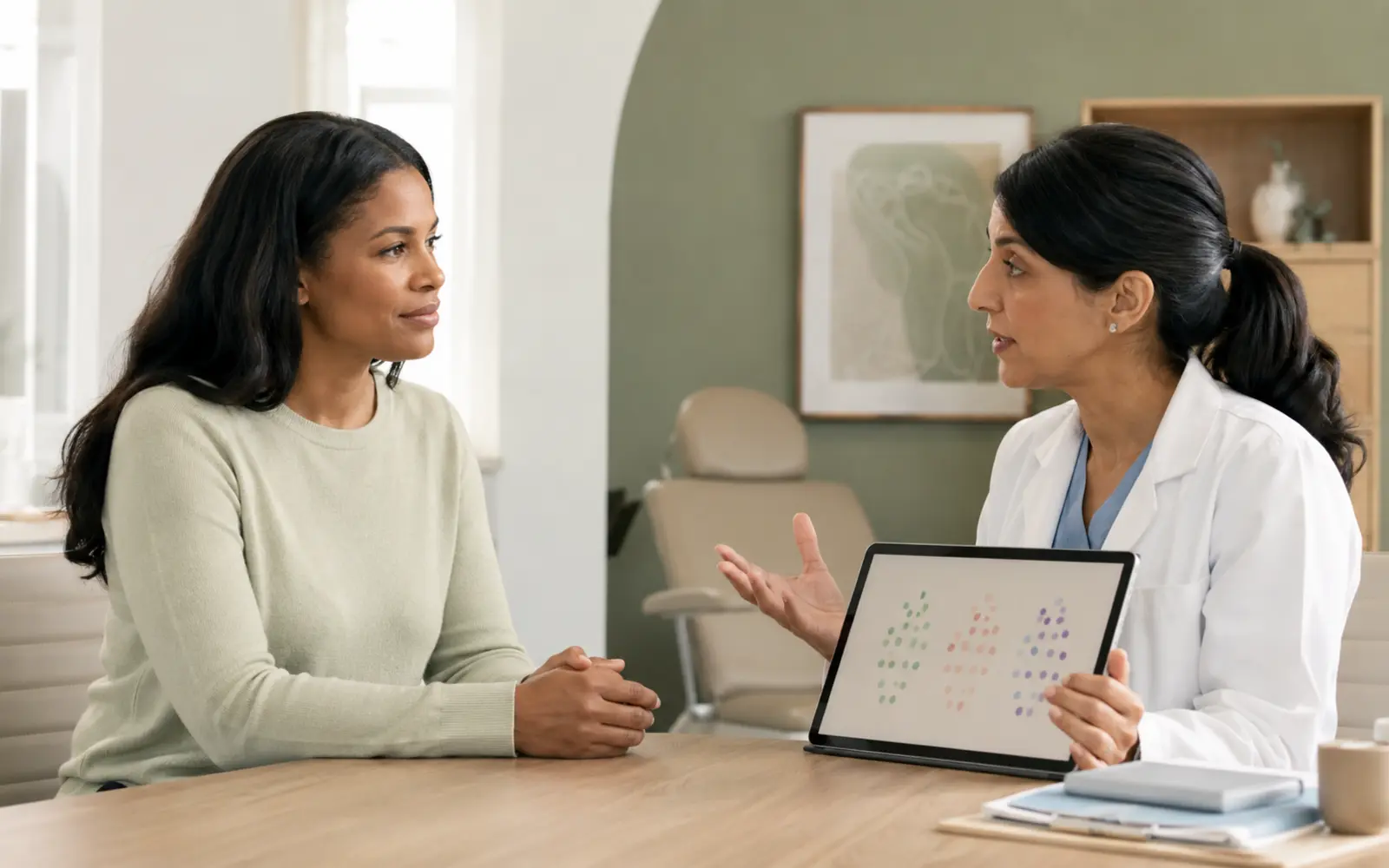 Paciente conversa com ginecologista sobre microbiota vaginal em consultório acolhedor