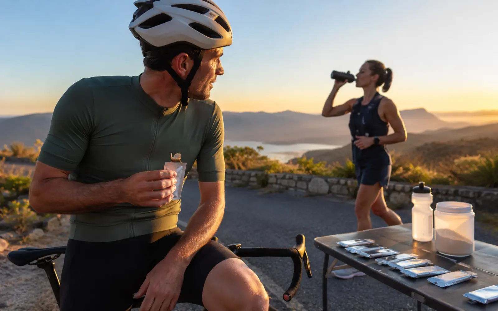 Ciclista e corredora utilizam gel e bebida com carboidratos durante treino de resistência