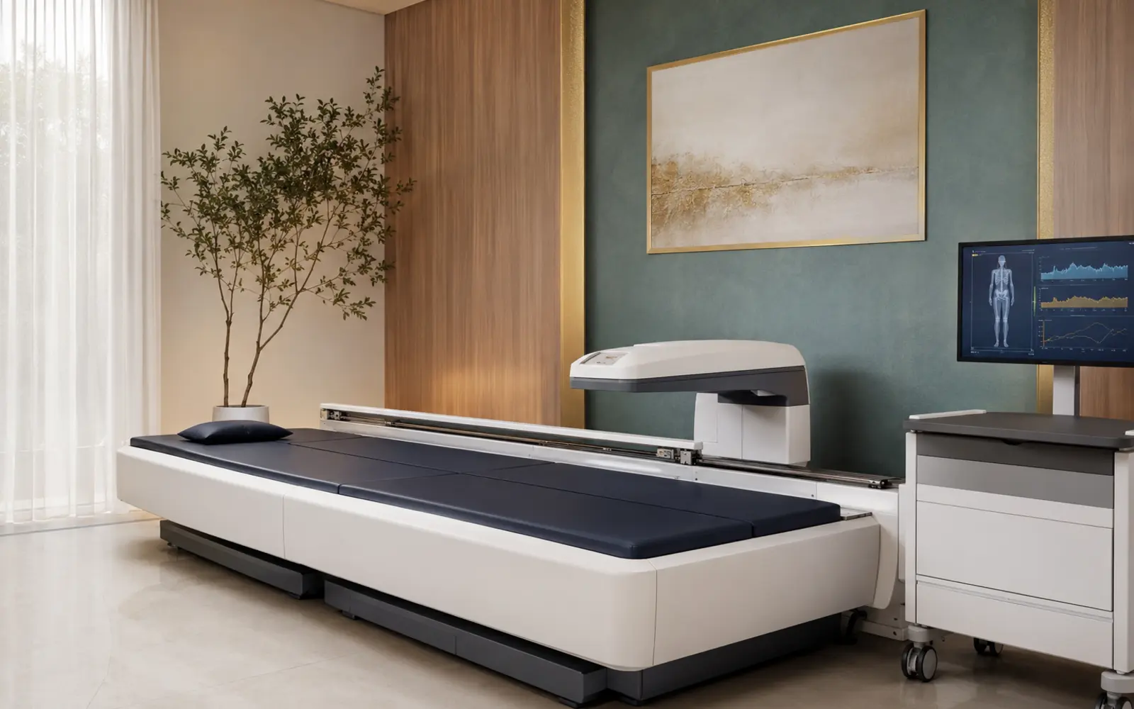 Equipamento moderno de DEXA em sala clínica para avaliação corporal e saúde óssea