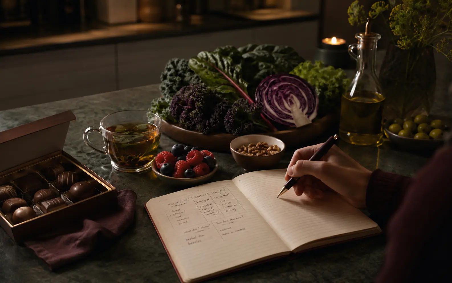 Jornal de fome e emoções ao lado de alimentos associados a um padrão alimentar anti-inflamatório