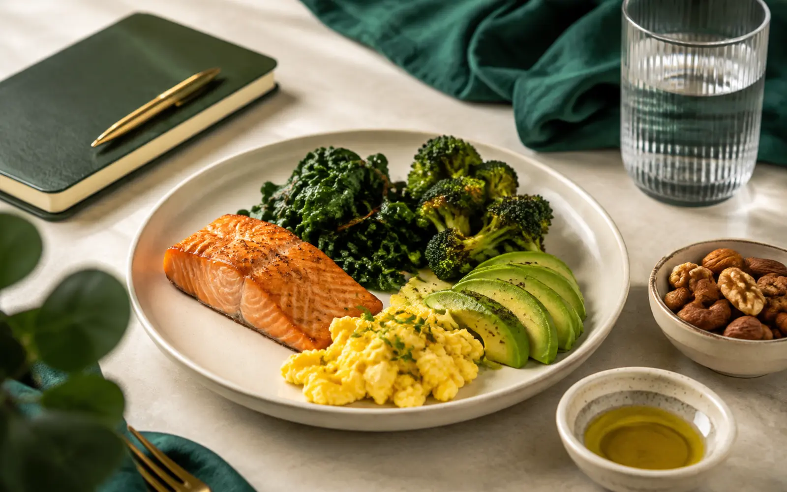Refeição low carb com vegetais, proteína, azeite e fontes naturais de gordura