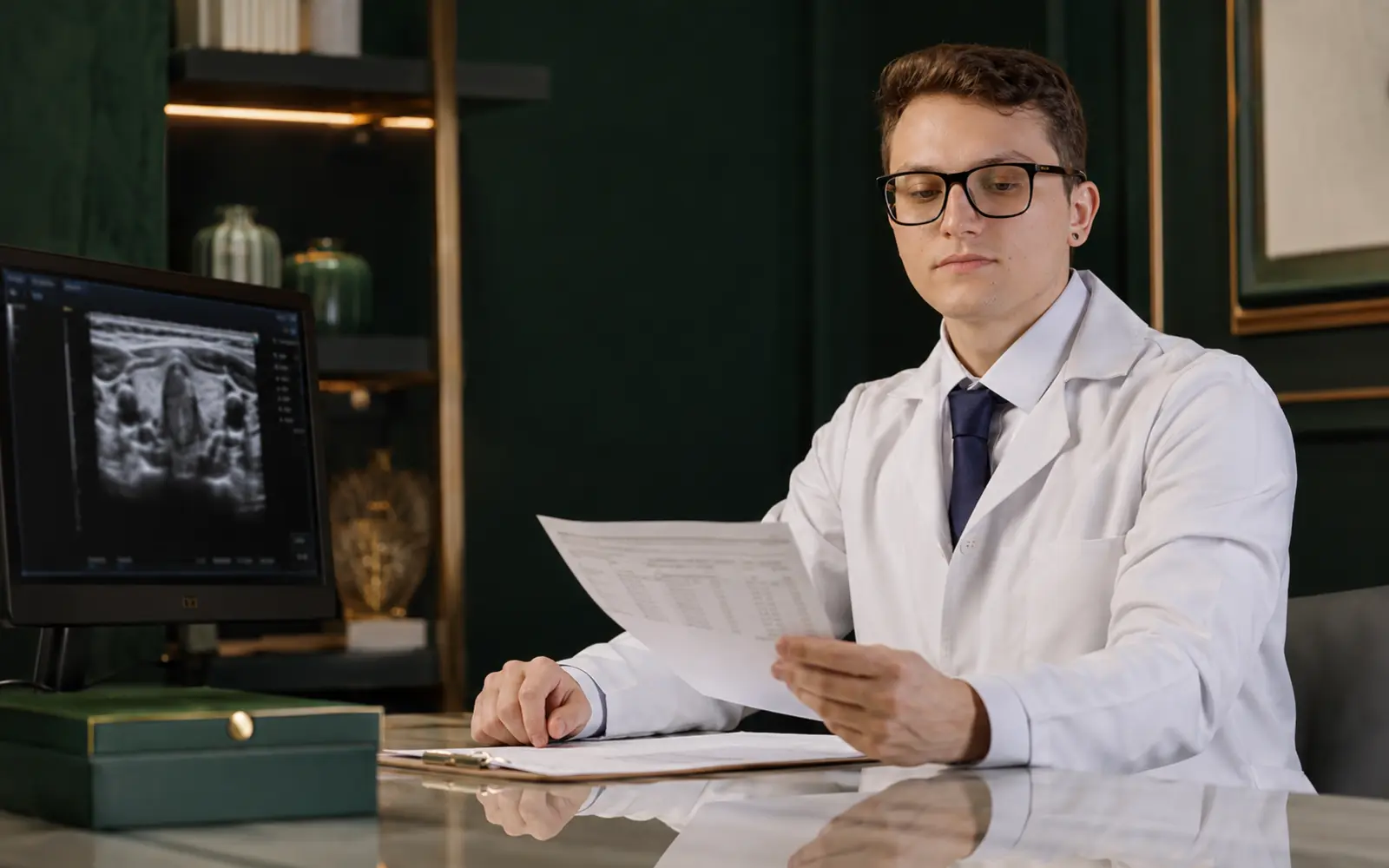 Dr. Henrique Zanuto revisa exames de tireoide e ultrassom cervical em consulta