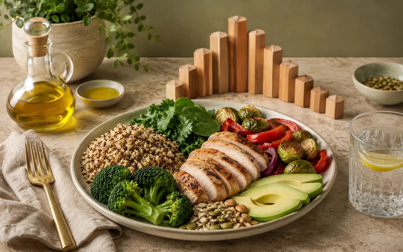 Prato equilibrado com vegetais, proteína, grãos integrais, abacate, sementes e azeite