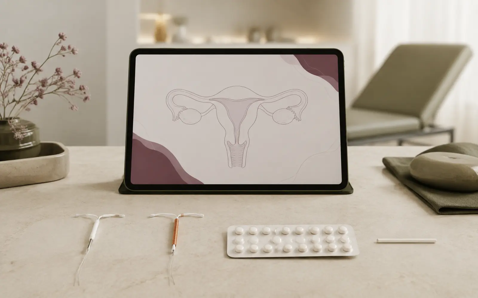 DIUs, cartela de pílulas e implante contraceptivo apresentados em consultório ginecológico