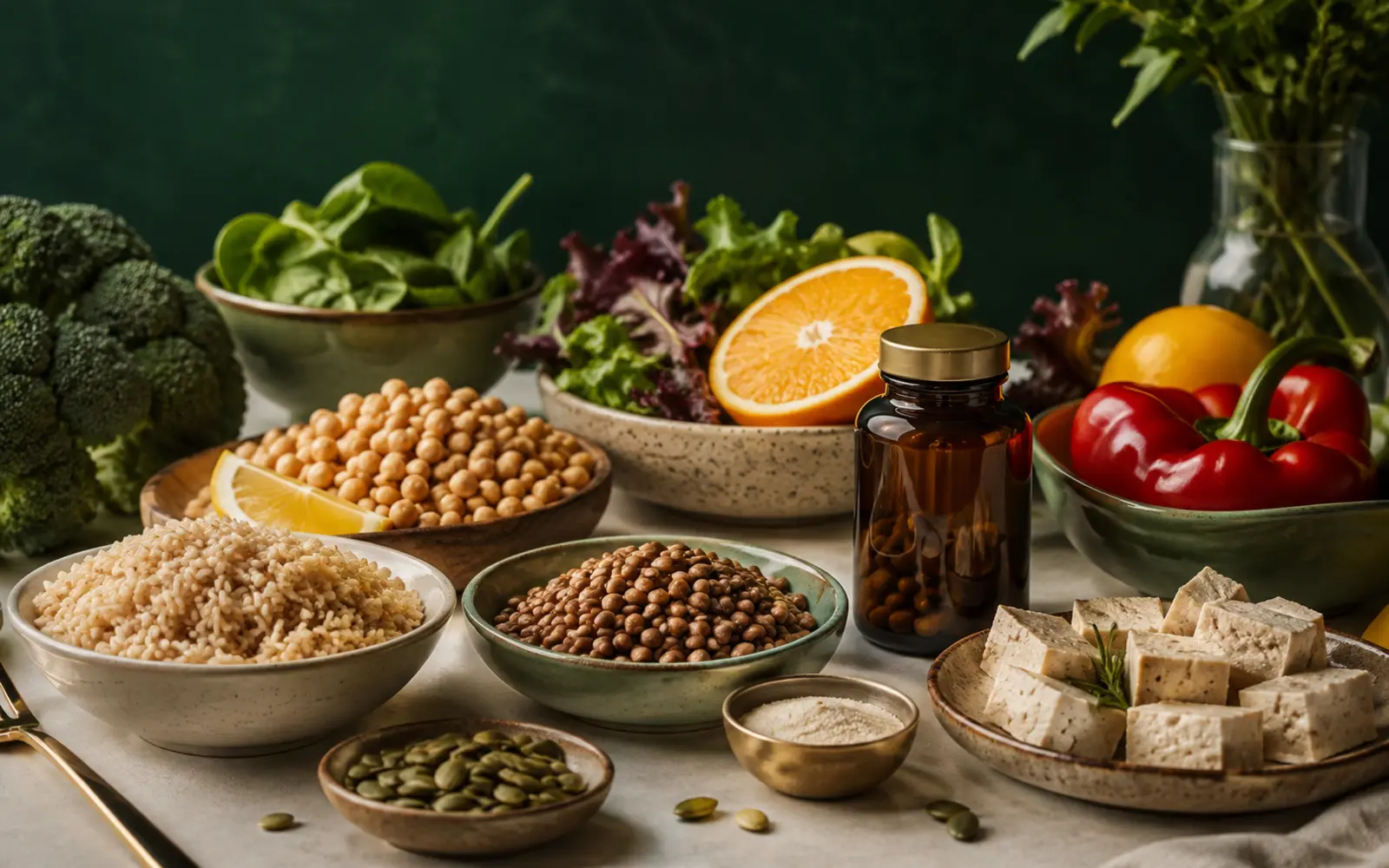 Refeição vegetariana equilibrada com tofu, lentilhas, grãos, vegetais e sementes