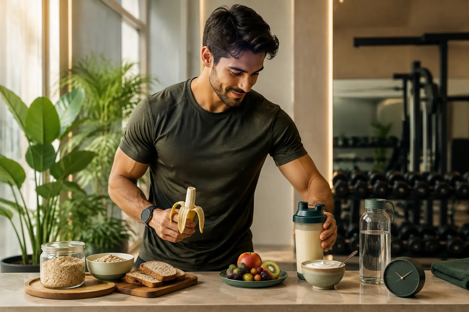 Atleta organizando alimentos para o pré e o pós-treino