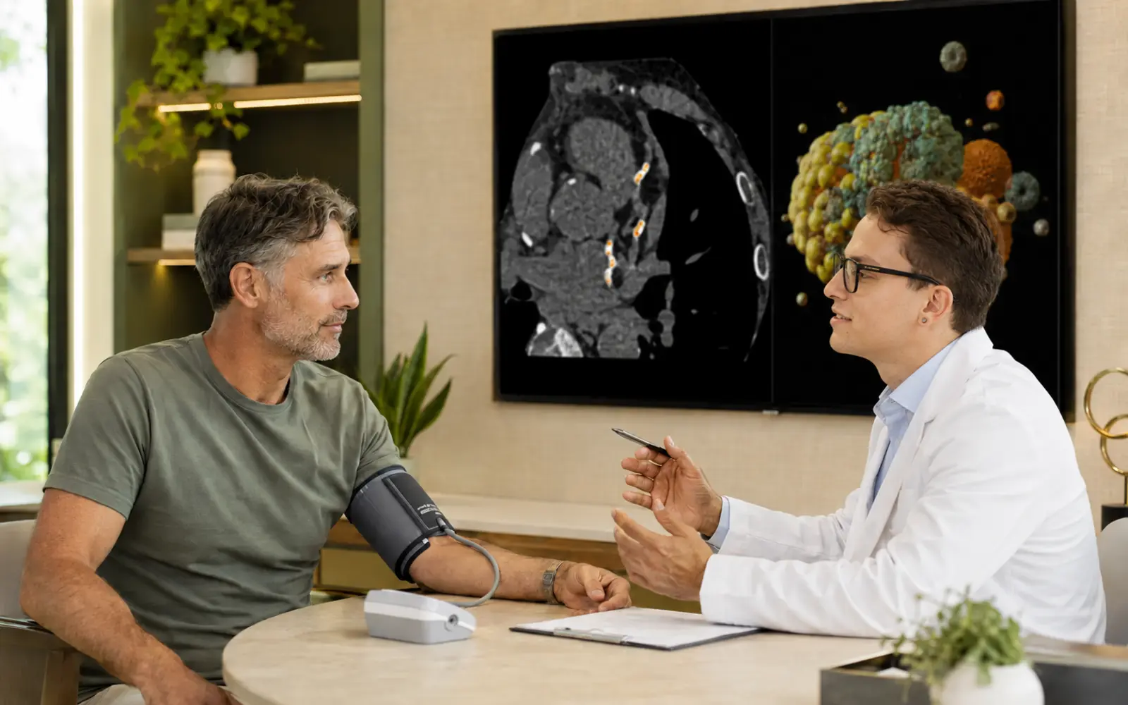 Médico avalia pressão arterial e tomografia coronariana em consulta preventiva