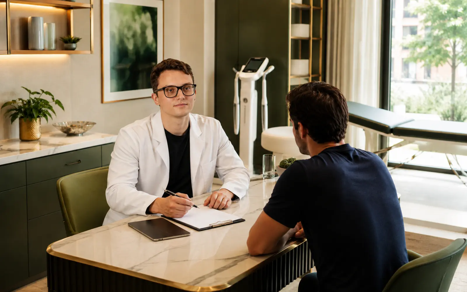 Dr. Henrique Zanuto conversa com paciente em primeira consulta de Nutrologia e avaliação de performance