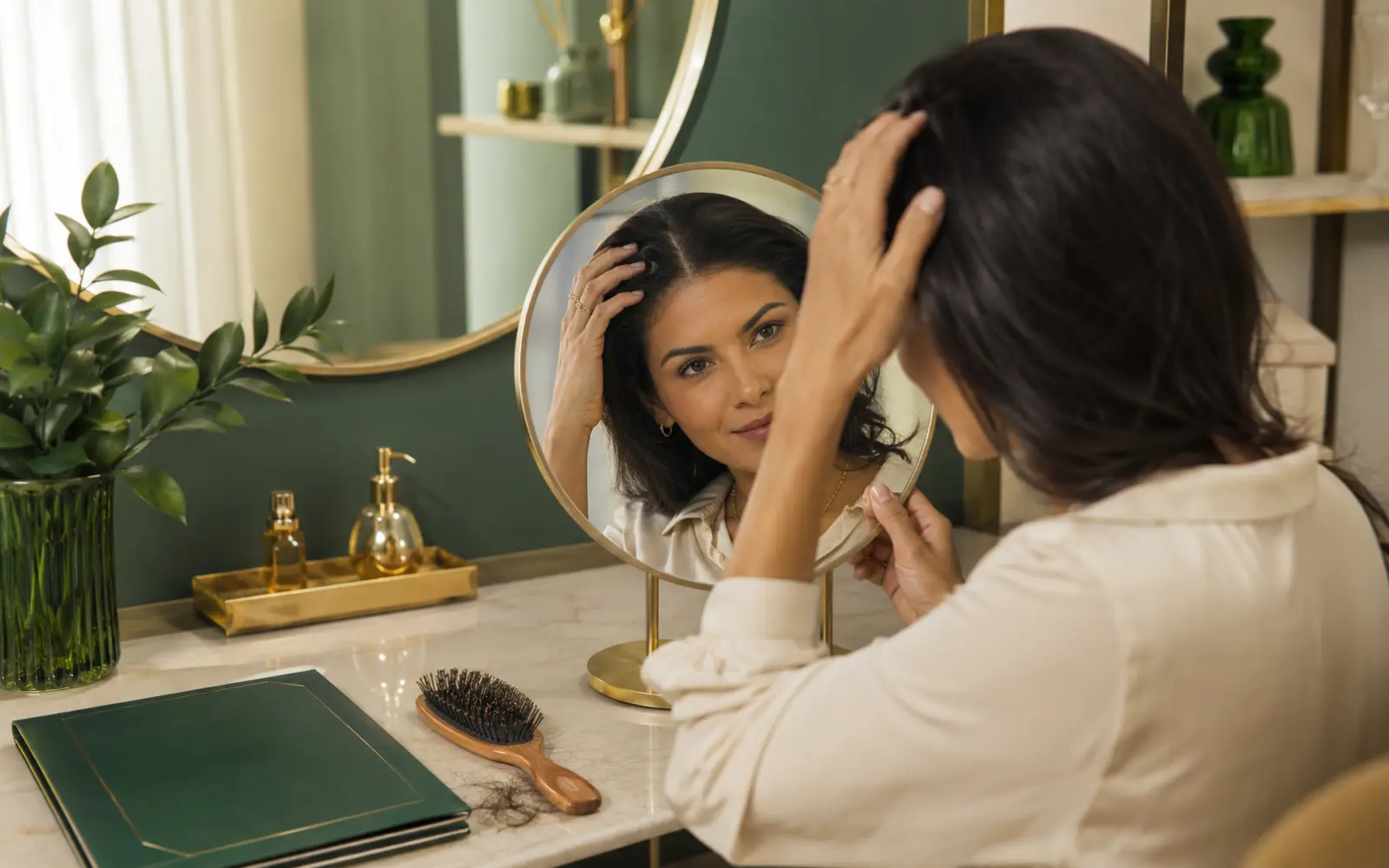 Mulher observa a risca do cabelo diante do espelho em luz natural