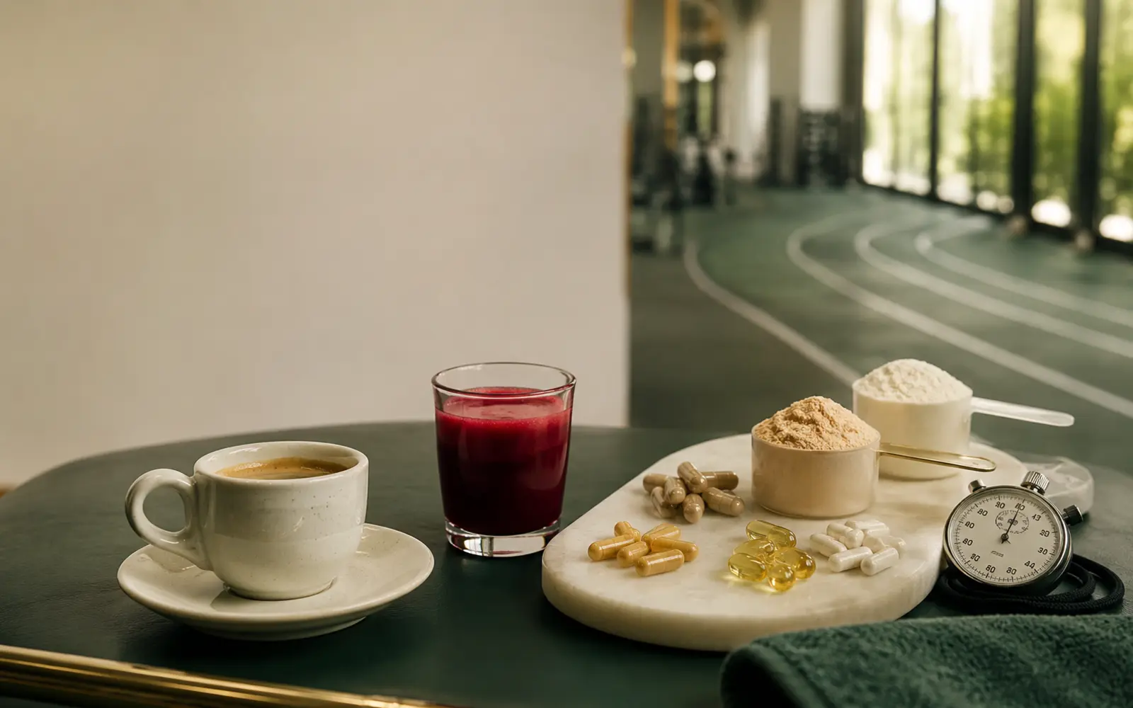 Atleta prepara café, suco de beterraba e suplementos esportivos antes do treino