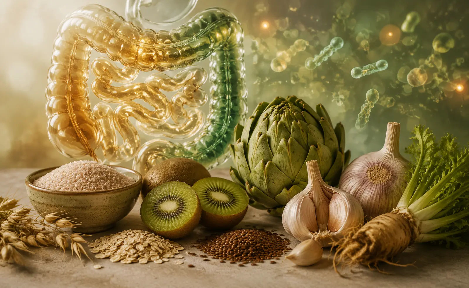Composição científica de intestino, microbiota e fontes alimentares de fibras como psyllium e inulina
