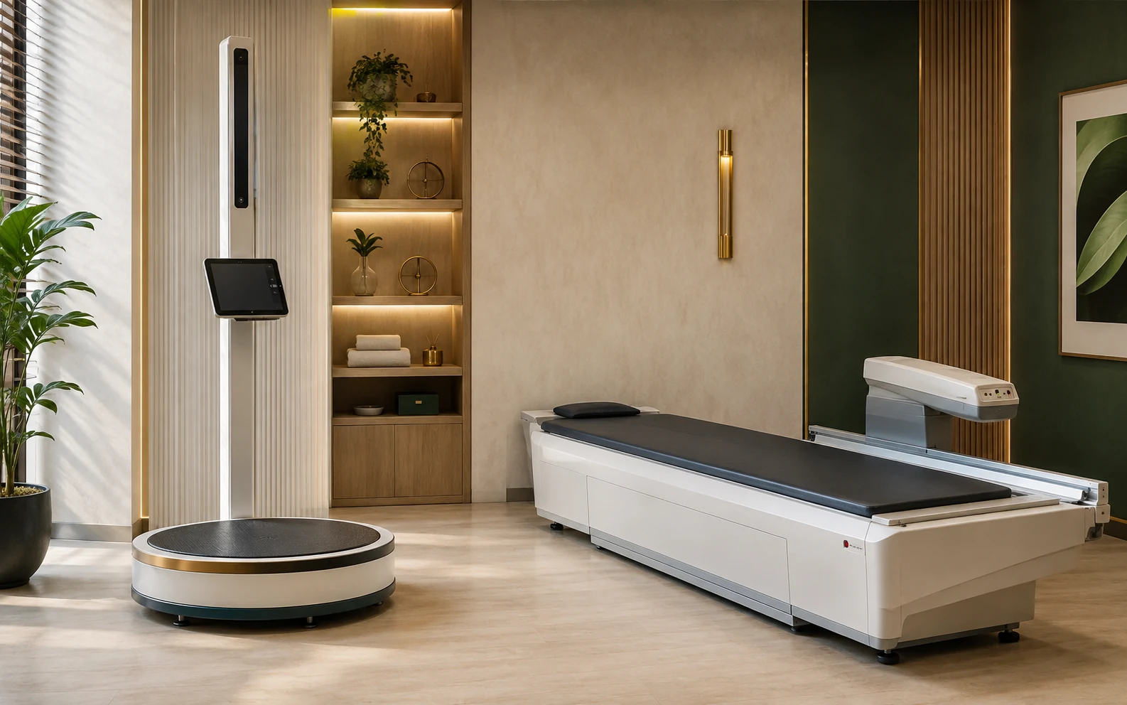 Scanner corporal 3D e equipamento DEXA com braço de leitura em trilho lateral em ambiente clínico