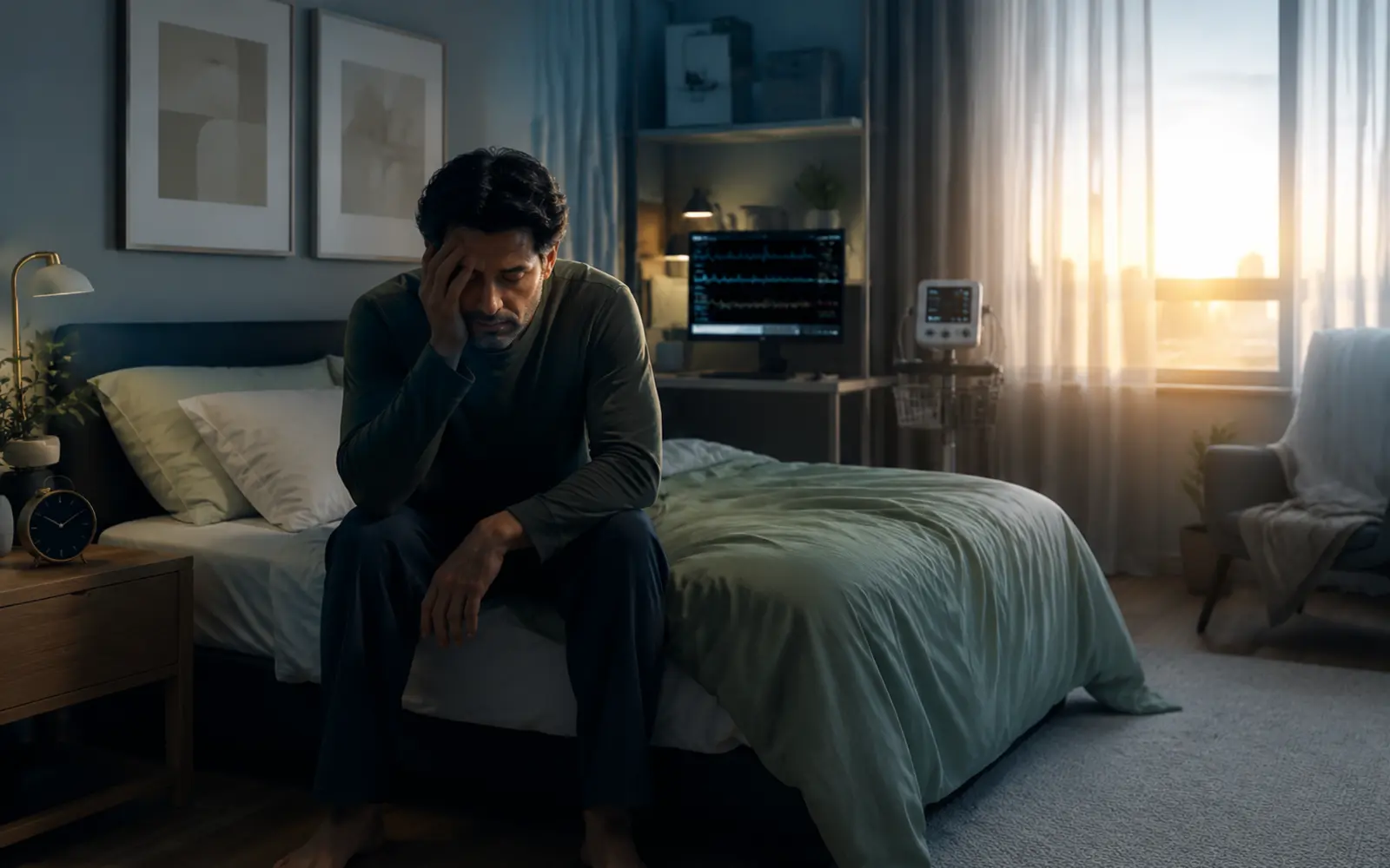 Adulto acorda cansado ao amanhecer apesar de ter passado a noite na cama