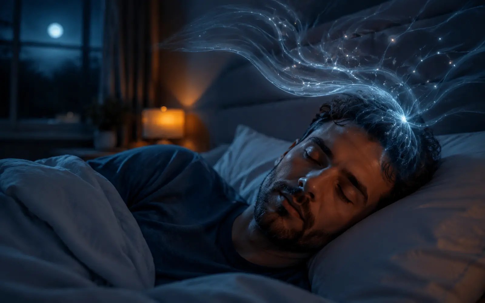 Pessoa dorme em quarto tranquilo com representação artística sutil de atividade cerebral
