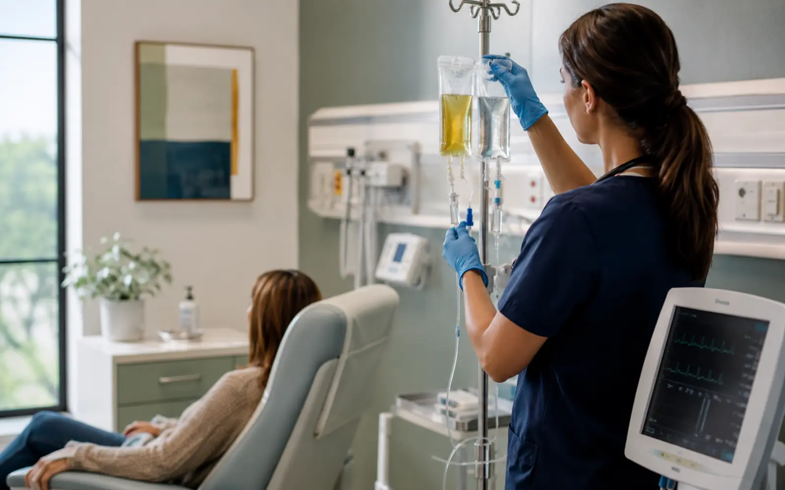 Profissional de saúde confere bolsa de infusão e monitoramento em sala clínica de soroterapia