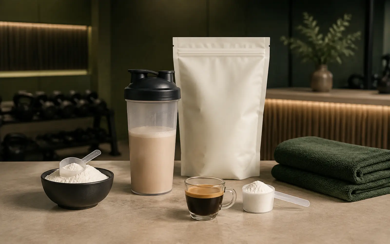 Creatina, bebida proteica, café e suplementos organizados em bancada de ambiente esportivo