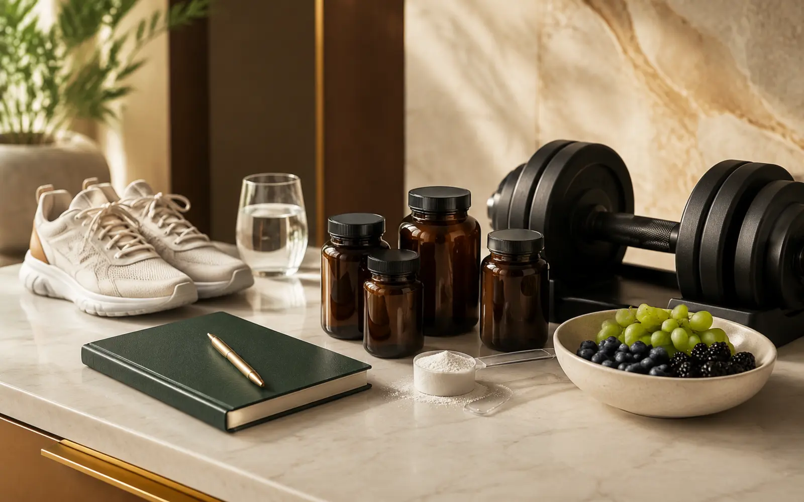 Frascos sem marca de suplementos ao lado de halteres, frutas e caderno de acompanhamento clínico