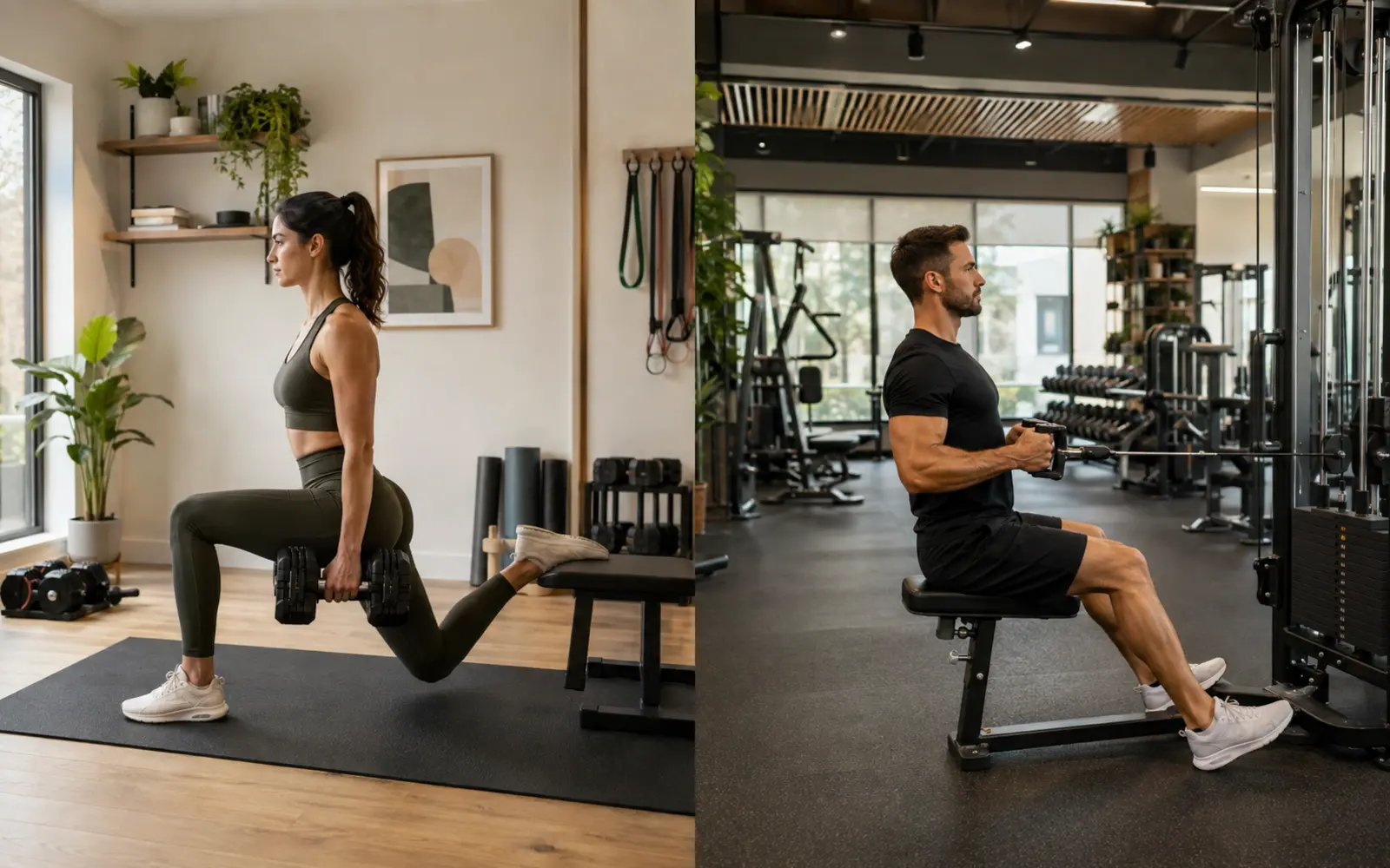 Comparação entre treino com halteres em casa e treino em máquina na academia