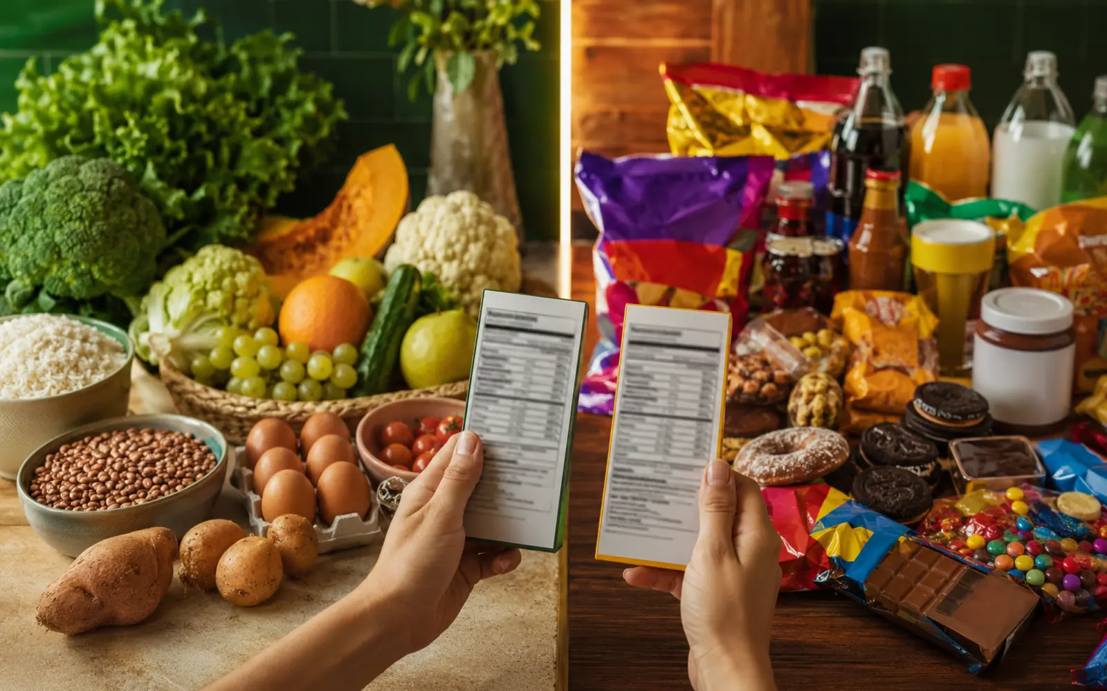 Comparação entre alimentos frescos e embalagens industrializadas durante leitura de rótulos