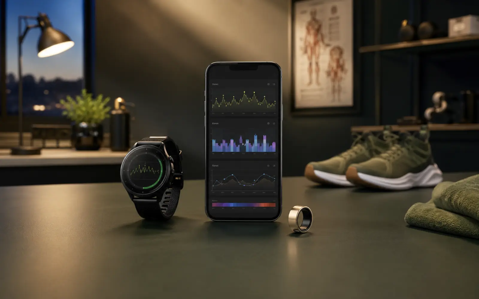 Smartwatch, anel inteligente e celular com gráficos abstratos em ambiente de avaliação de performance